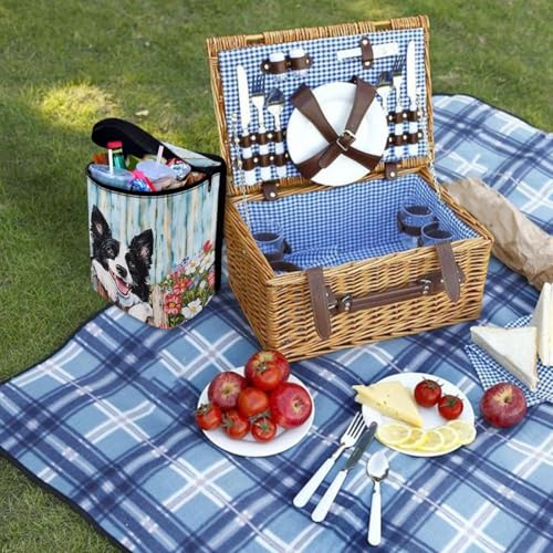 Image of Talayituse Border Collie Daisy Wood Print Car Trash Can with Adjustable Straps, Zip Closure Car Trash Bag Bin Auto Garbage Bag Multipurpose Storage Box for Vehicle Travel Camping Picnicing