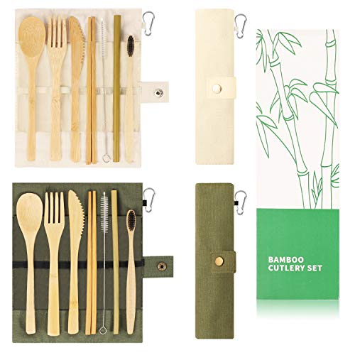 2 Set Bamboo Utensils Set, YIMICOO Travel Reusable Cutlery Set, Outdoor Portable Eco-Friendly silverware with Case -Bamboo Knife, Fork, Spoon, Straw, Straw Brush, Chopsticks and Bamboo Toothbrush