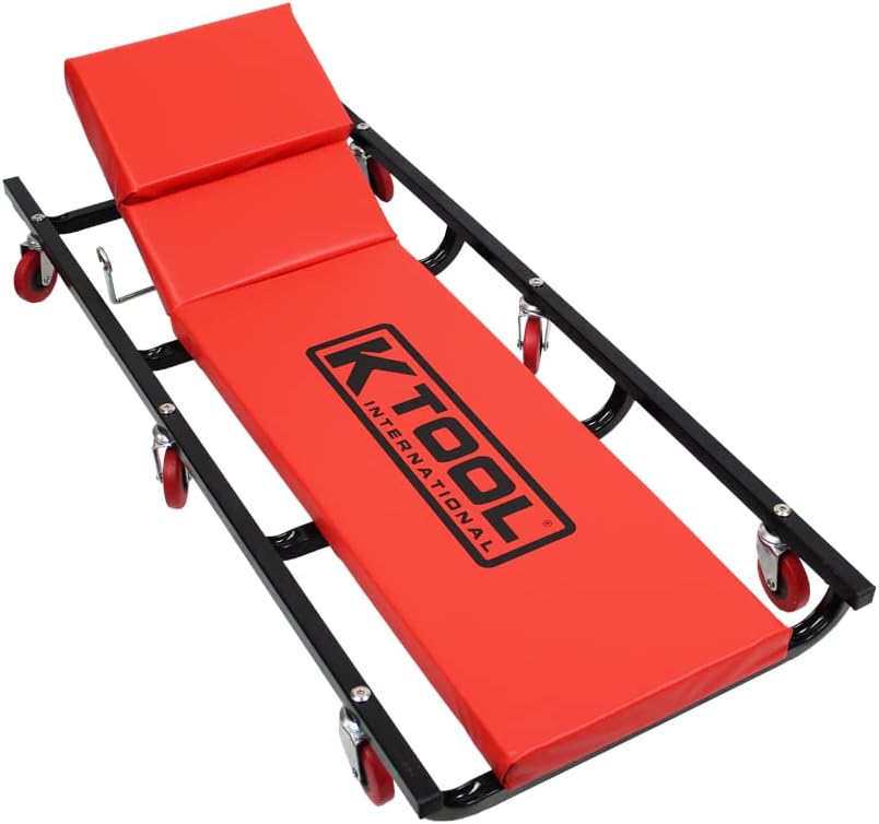 K Tool International 74961 Creeper Seat, Adjustable Headrest with Fully Padded Support, Oil Resistant Rubber Casters, Epoxy Coated Steel Frame for Shop Mobility