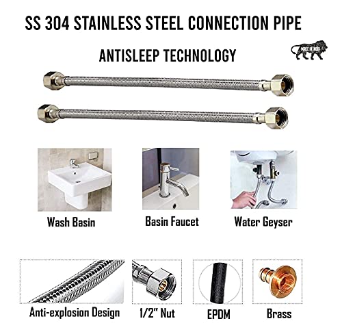 Image of SS-304 Heavy Duty Connection Pipe for Wash Basin, Geyser, Hot & Cold Water, Basin Mixer | Leak Proof Flexible Tap Connector Pipe | Rust Free, Durable, Long Life (24inch (Pack of 2)