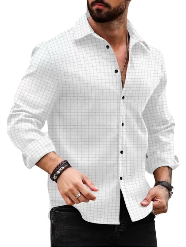 Image of DEELMO Men's Regular Fit Button Down Dress Shirts Textured Long Sleeve Casual Hawaiian Shirt