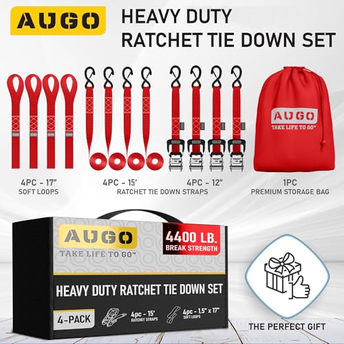 Image of AUGO Heavy Duty Ratchet Straps & Soft Loops - Pack of 4 Extra Strong 1.5 inch by 15' Ratchet Straps w /S-Hook Safety Latches & 4 Soft Loop Tie Downs - 4400Lb Break Strength for Motorcycles, ATVs, Etc.