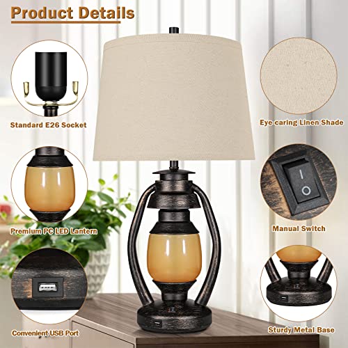 Farmhouse Table Lamps For Living Room Set Of 2, 3-Way Dimmable Bedside Touch Table Lamps With Led Lantern Nightlight, Bedroom Nightstand Lamps For End Table, Usb Port&Bulbs Included, Rustic Room Decor #TOP5