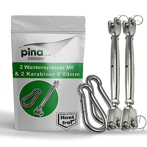 Pina DESIGN seit 1979 - Sonnensegel Befestigungset aus V4A Edelstahl | Set aus M8 Wantenspanner & 80mm Karabiner | Robuste Befestigung für Sonnensegel Abdeckplane Drahtseil oder Tarp (2 Paar)