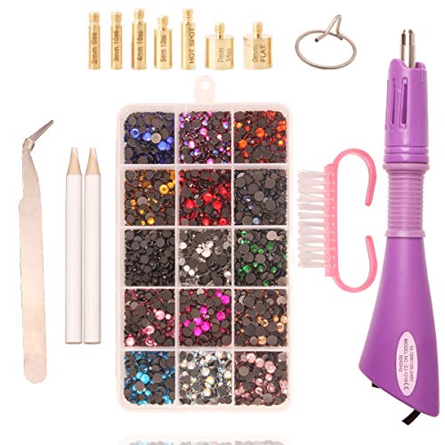 Hotfix Rhinestone Applicator Tool DIY Flatback Wand Setter Tool Kit with 5 Different Sizes Tips, Tweezers & Brush Cleaning Kit and 12000pcs Pack