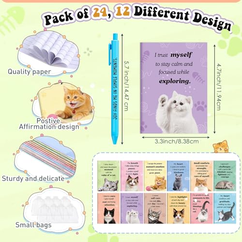 Image of Mooliwe 48 Pcs Positive Affirmation Gift Set Gratitude Notebooks with Pens Small Bags Motivational Encouragement Notepads Daily Affirmations Journal for Women Stress Relief Self Care (Cat)