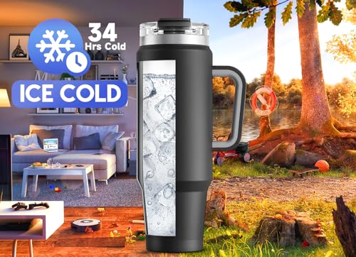 Image of Meoky 40 oz Tumbler with Handle and Straw, Insulated Tumbler with Lid and Straw, Stainless Steel Travel Mug, Keeps Cold for 34 Hours, 100% Leak Proof, Fits in Car Cup Holder (Night)