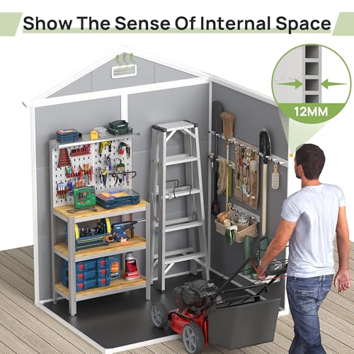 VONZOY Resin Storage Sheds with Floor, 6x4.5 FT Plastic Garden Shed with Lockable Door, Window, Waterproof, Outdoor Tool Storage for Bike, Garbage Can, Grey White, Light Grey