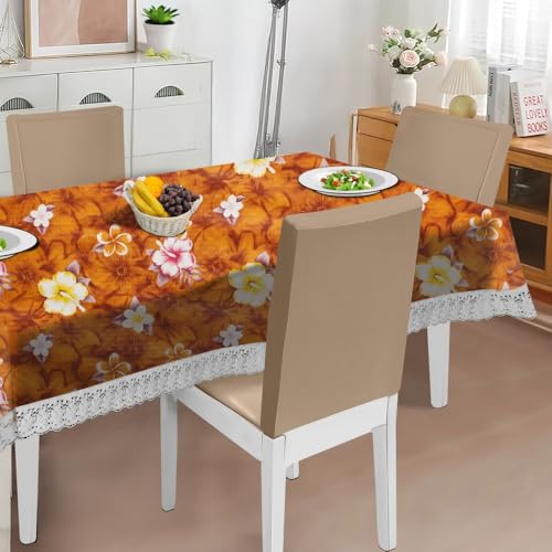 Image of The Furnishing Tree Waterproof PVC Rectangle Shaped 12 Seater Table Cover WxL 60x140 inches Floral Pattern Orange with White Border lace
