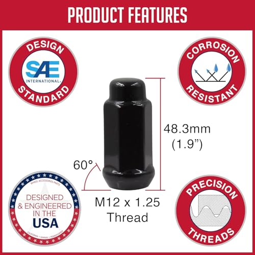 Image of Wheel Accessories Parts 24 Pcs M12 x 1.25 12 x 1.25 Thread Bulge Acorn 1.90 inch Long Lug Nuts Black Chrome 3 /4 inch 19mm Hex Fits Nissan Titan (Non XD)