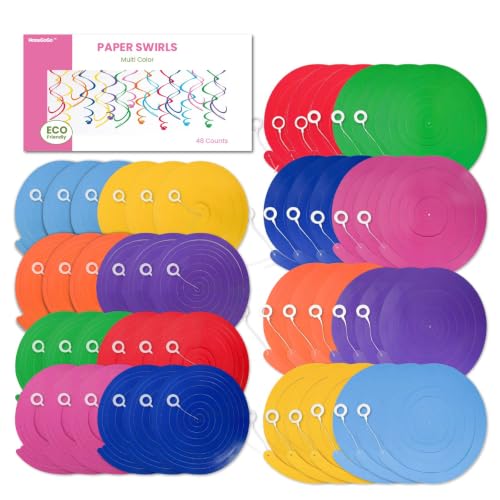 Image of HonuGoGo 48‑Piece Multi-Color Paper Swirl Decorations - Hanging Party Swirls for Birthday, Baby Shower, Wedding & Celebration Decor