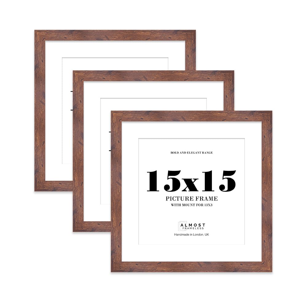 15x15" Rustic Wood Square Frame With Mount for 13x13" Pictures 28mm Edge Frame Display with Wall Hooks, 3 Pack