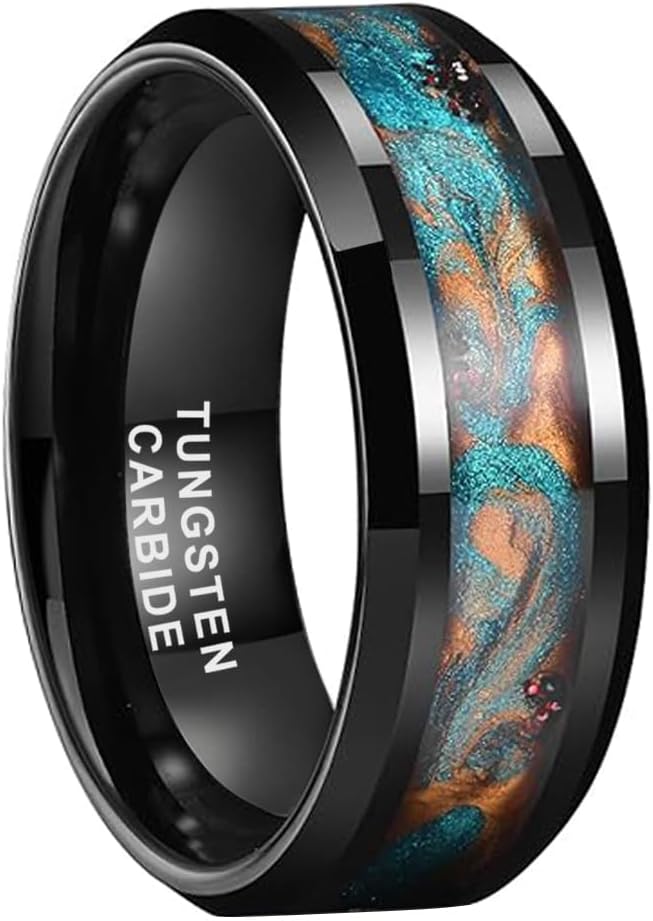 TUTISS 8mm Black Tungsten Rings for Men Women Flowing Sand Inlay Fashion Engagement Promise Wedding Band Beveled Polished Shiny Comfort Fit