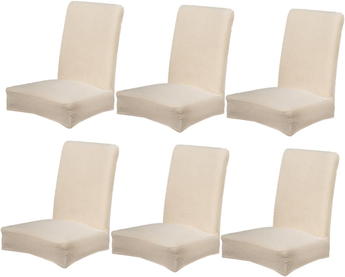 6pcs Beige Polyester Stretchy Dining Chair Covers Elastic Full Seat Protector Removable Slipcovers for Home Office Banquet Wedding Party
