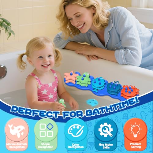 Toddler Bath Toys, Premium Silicone Mold Free Ocean Animal Shape Sorting & Stacking Baby Bath Toys, No Hole Bathtub Floating Toys Gift for Boys Girls, Early Learning Sensory Water Toys, Bathtime Fun - Image 3