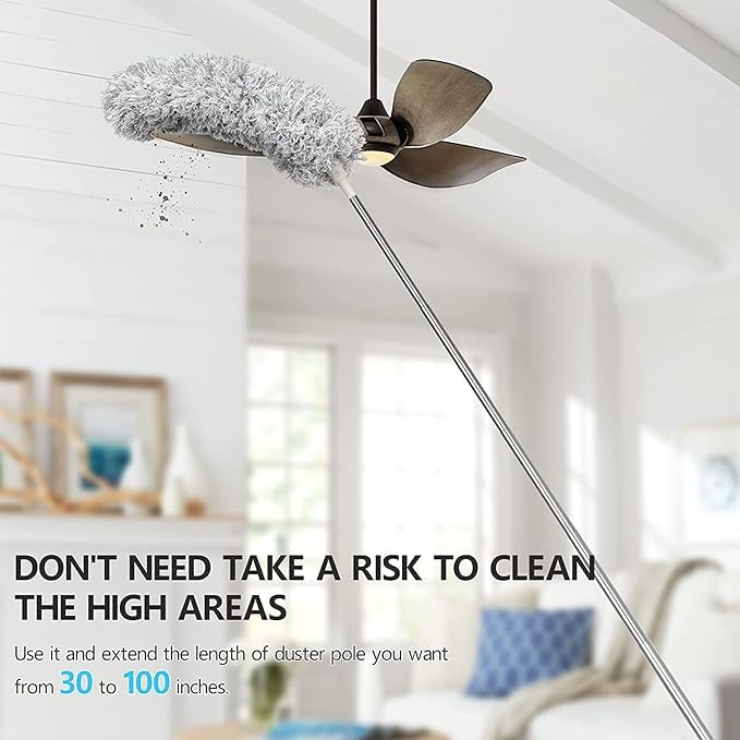 Image of Microfiber Mop for Wall and Ceiling Cleaning - Fan Cleaner Brush With Wiper for Walls and Roof - 100 Inches Expandable Pole Long Handle