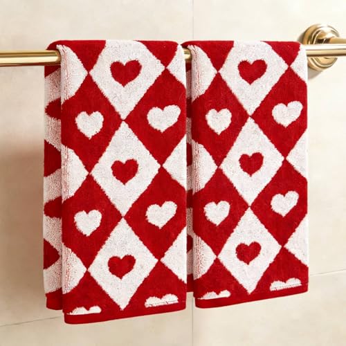 JarThenaAMCS 2Pcs Valentines Day Hand Towels Jacquard Cotton Bath Towel Checkered Heart Decorative Dish Towel for Holiday Home Kitchen Bathroom Decor Gift Set