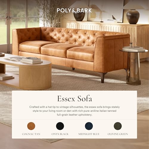 Image of POLY & BARK Essex 89 inch Full-Grain Italian Leather Sofa - Tufted Back, Feather-Down Comfort, Solid Wood Frame, Cognac Tan