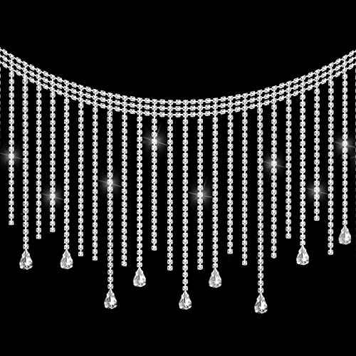SAVITA 0.5yard Rhinestone Ribbon Tassel Chain, Glitter Crystal Tassel Trim Diamond Fringe with Drop Shaped Pendent for Wedding Bridal Accessories DIY Crafts (Silver)