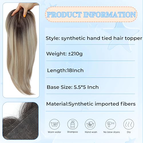 Image of Synthetic Hair Topper with Bangs 18 Inch Layered Toppers for Women with Thinning Hair 5.5 inch x 5 inch hand Tied Forehead Hairline 360 3D Cover Wispy Synthetic Toppers Hair for Women Fiber Wiglets