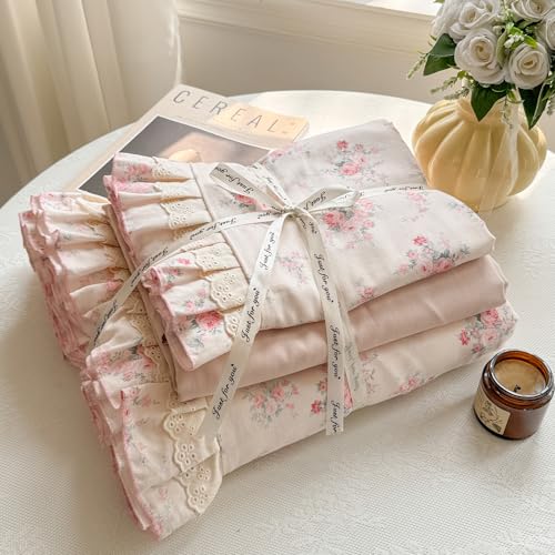 Image of VM VOUGEMARKET Lace Ruffled Duvet Cover Set Twin,Vintage Pink Rose Flower Bedding Set,Double-Layer Gauze Cotton Soft,Breathable & Lightweight for Girls-68 x86