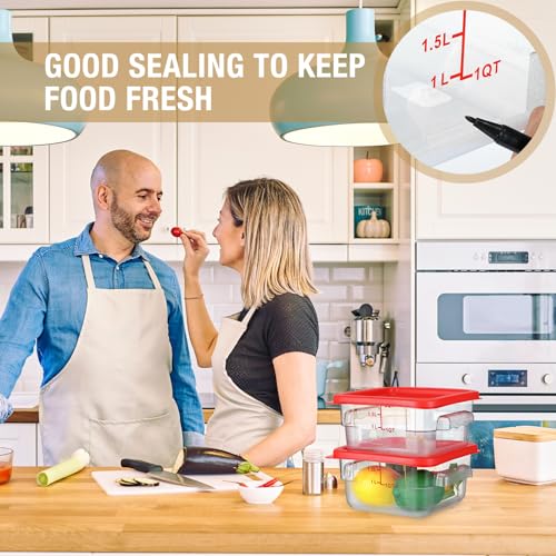 Image of Suclain 2 Pcs Square Food Storage Container Polycarbonate Clear Food Container with Lid Commercial Rice Storage with Graduations for Commercial Kitchen(2 Qt,Red)