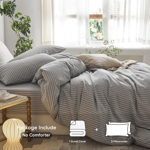 Image of MooMee Striped Duvet Cover Set 100% Washed Cotton Linen Like Queen | Relaxed Linen-like Texture. Soft, Breathable & Long-lasting Comfort. Lightweight. Hidden Zipper with 8 Interior Corner Ties