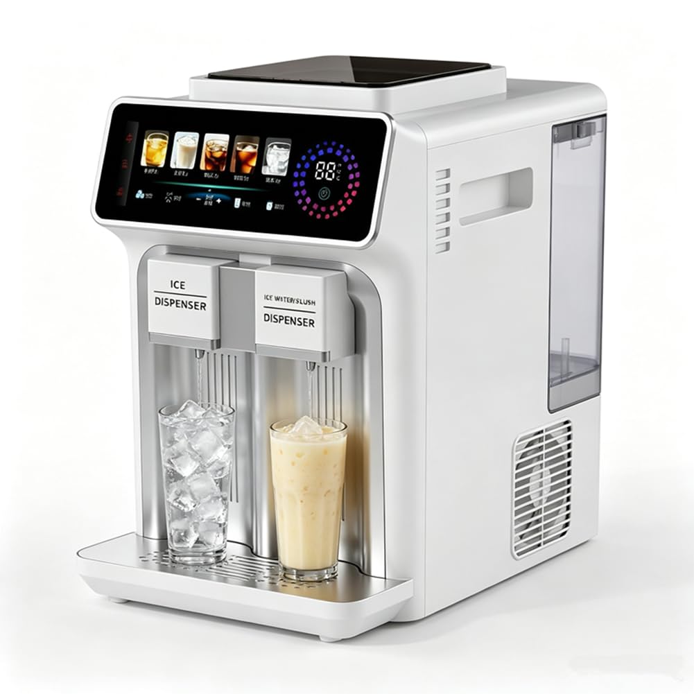 Ice Maker Countertop, Home 3-in-1 Ice Maker: 12 Cubes in 6 Mins, Slushies in 30 Secs, Ice Water in 3 Secs | Auto Water Intake + Connects to Purifier | 24h Preset + Auto Ice Release | Low Noise White