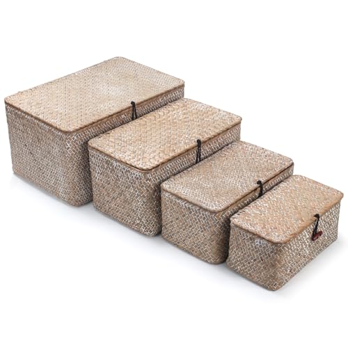 Wicker Basket with Lid, Seagrass Storage Basket, Woven Baskets for Storage, Decorative Storage Baskets for Shelf Organizing, Whitewash