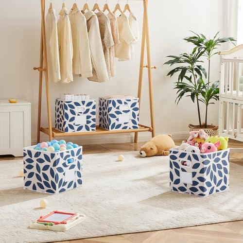 Image of MAX Houser Fabric Storage Bins Cubes Baskets Containers with Dual Plastic Handles for Home Closet Bedroom Drawers Organizers, Foldable, Set of 6 (Blue)