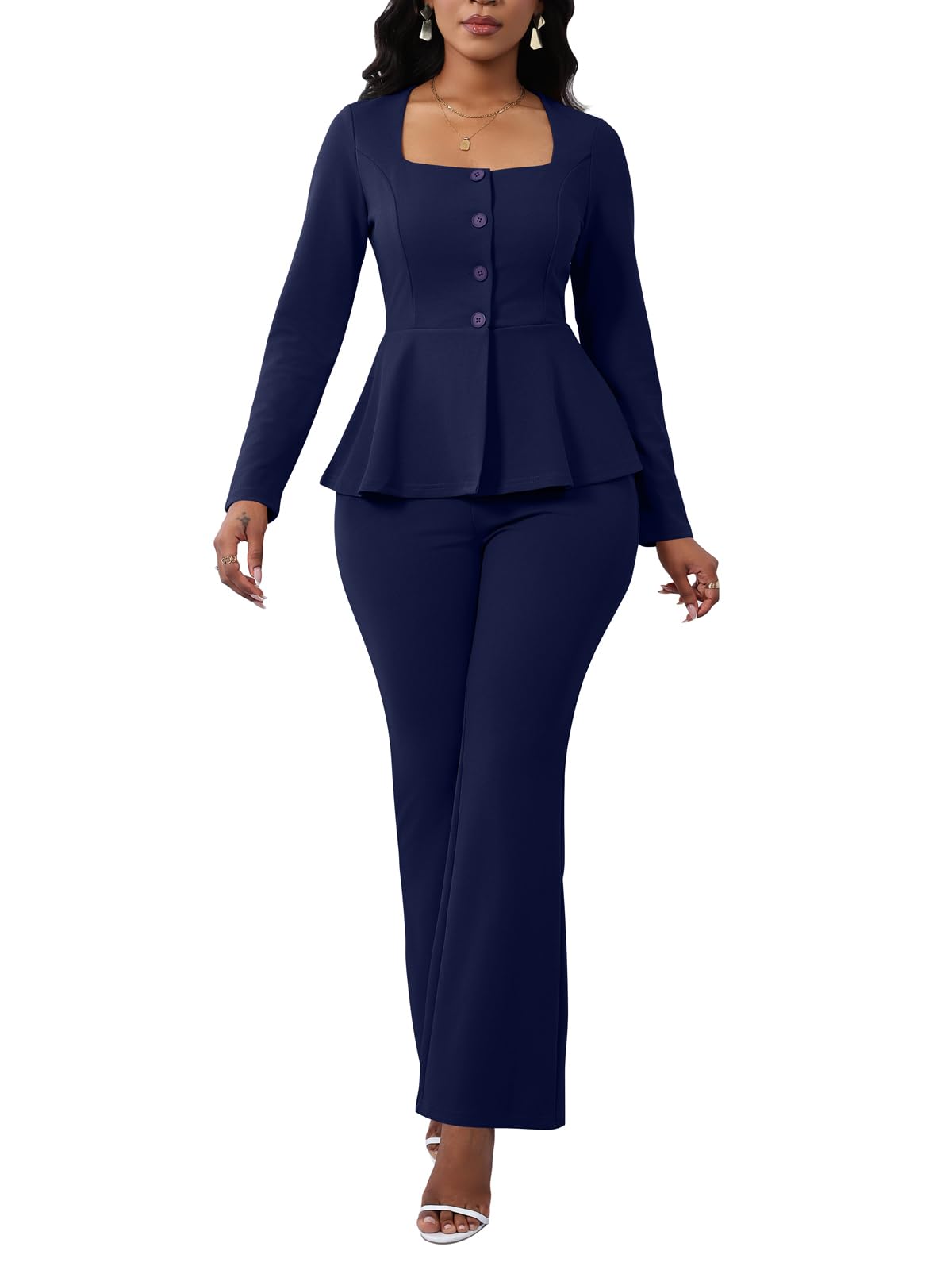 ekaliy Women's 2 Piece Pants Suit Long Sleeve Blazer Flare Pant Set Casual Office Work Outfits-picture-11