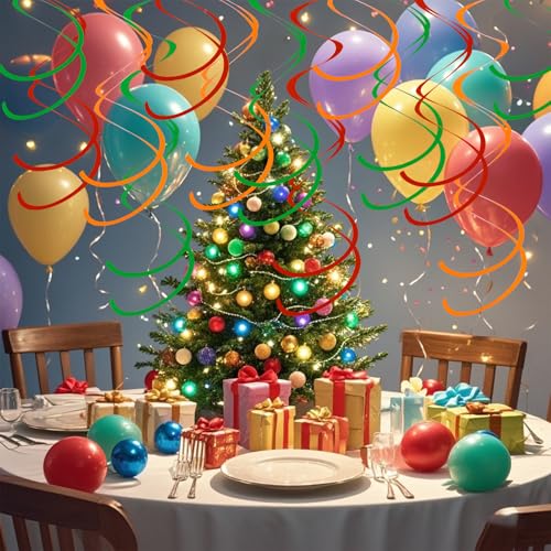 Image of Colorful Ceiling Swirl Foil Decorations Hanging Plastic Streamer Themed Swirl Party for Christmas Graduation Celebration, Pack of 28 (Red, Green and Orange)