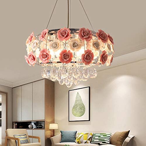 Pink Crystal Chandelier Rose Flower Round Ceiling, Modern Romantic Pendant Lighting for Girls Bedroom Living Room Decor Adjustable Length