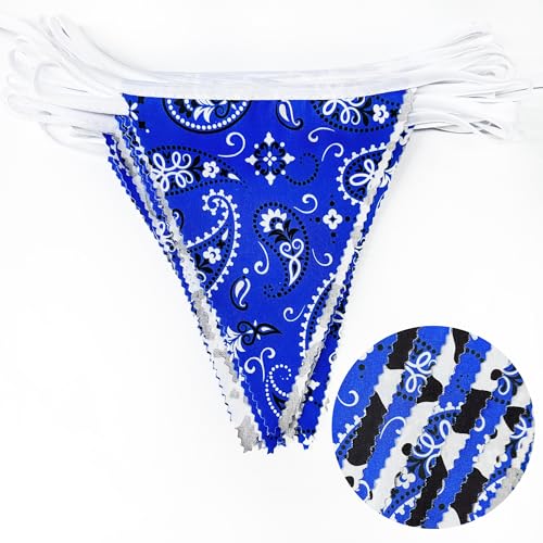Image of 32Ft Western Cowboy Party Decorations Blue Paisley Bandana Pennant Banner Fabric Triangle Flag Wild West Garland Streamers for Western Cowboy Birthday Yee Haw Country Baby Shower Party Decor Supplies