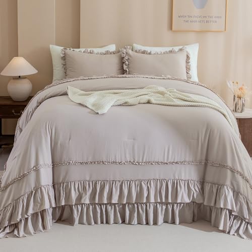 Image of QSH Taupe Oversized California King Ruffled Bed Comforter Set 128x120, Farmhouse Vintage Chic Comforter French Country Shabby Bedding Comforter Soft Microfiber Fluffy Bedding 3 PCs
