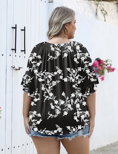 Image of Micoson Womens Plus Size Tops 3 /4 Ruffle Sleeve Crewneck Pleated Shirts