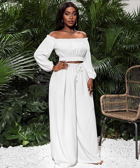 Two Piece Sets For Women Going Out Long Sleeve Off Shoulder Crop Top Wide Leg Pants Set Vacation Birthday Party Outfits - Image 4