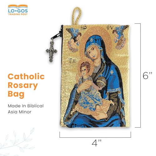 Image of Catholic Rosary Pouch, Saint Joseph and Baby Jesus & Madonna and Child, 4 inch x 6 inch Jewelry & Coin Purse with Cross, Small Woven Tapestry Icon Bag, Bolsa de Rosario Catolico para Joyeria