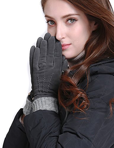 YISEVEN Femme Nouveau Hiver Gants en cuir peau de mouton suede agneau veritable chaud laine double Elégante rayures long slim poignet protection travail conduite moto cadeau,Gris XL
