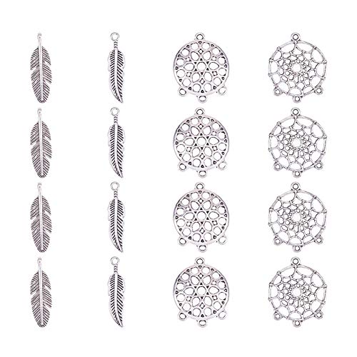PandaHall Elite 120pcs Pendentifs de Attrape-Rêves Dreamcatcher Collier Pendentifs avec Plume Connecteurs Chandeliers Pendentifs pour la Fabrication de Bijoux de ricolage, Argent Antique