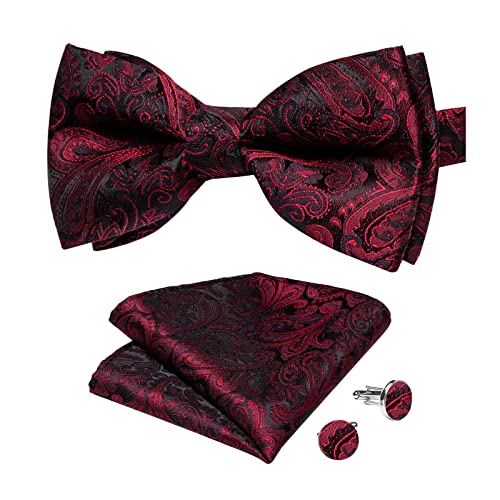 Image of DiBanGu Paisley Pre-Tied Bow Ties for Men Silk Adjustable Bowtie and Pocket Square Cufflinks for Wedding Party