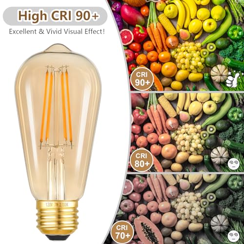 Image of Kondras 7W Dimmable LED Light Bulbs, 60Watt Equivalent Edison Bulbs, ST58 Amber Glass Vintage LED Bulbs, Warm White 2700K, E26 Base, CRI 90+, 25000+ Hours, Great Decorative Bulb for Commercial, 6-Pack