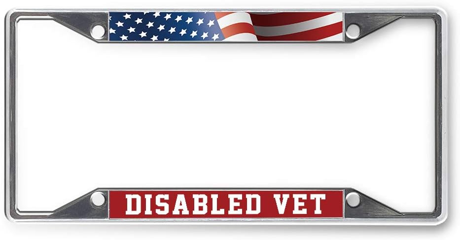 Sign Destination Metal License Plate Frame Disabled Vet Car Auto Tag Holder Chrome 4 Holes Set of 2