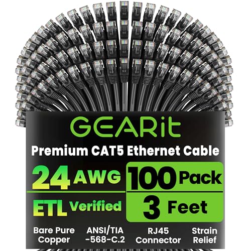 GearIT 100-Pack, Cat5e Ethernet Patch Cable 3 Feet - Snagless RJ45 Computer LAN Network Cord, Black - Compatible with 48 Port Switch POE Rackmount 48port Gigabit