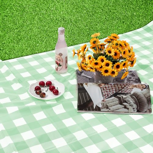 Image of Kesfey 9 Packs Sage Green Gingham Tablecloth Sage Green and White Checkered Table Cloths 54 x 108 Inches Disposable Plastic Gingham Tablecovers Waterproof Picnic Camping Table Covers for Baby Shower