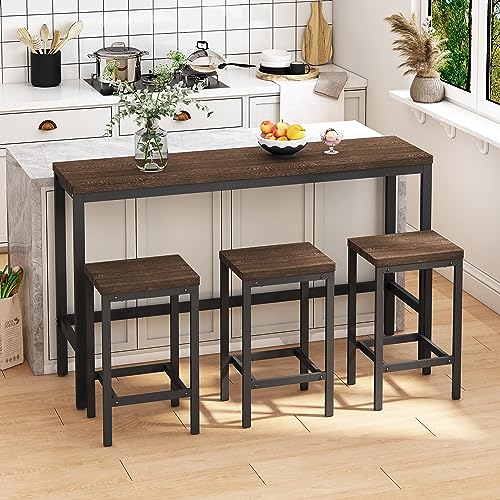 SSLine 4-Piece Bar Table and Chair Set,Counter Height Extra Long Dining Table Set with 3 Stools,Modern Industrial Pub Bar Dining Table Set Wood Kitchen Table Set with Footrest