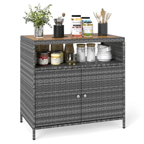 LIFEZEAL Aparador de Rattan PE, Armario de Cocina con Tablero de Madera de Acacia, Mueble con Tapa Abierta y 2 Puertas, 90x53x86 cm, para Terraza, Jardín y Patio (Gris)