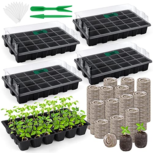 Hahood 4 Pack 24-Cells Seed Starter Tray Kit Germination Tray with Humidity Dome and Base, Plant Growing Kit Germination Starter Including Peat Pellets, Plant Labels, Tool for Indoor Outdoor, Black
