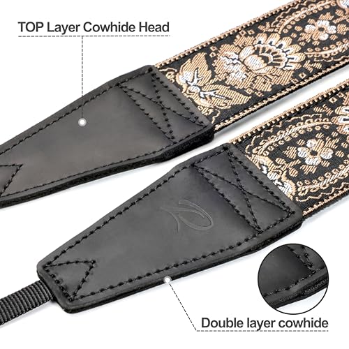 Image of Padwa Lifestyle Camera Strap - 2 inch Full Grain Leather Ends Camera Straps for Photographers, Vintage Embroidered Cotton Weave Soft Suede Fabric Padded Strap Quick Release fits All Cameras