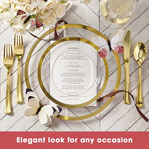 By Madee: Clear Plates With Gold Trim | Disposable Dinner, Salad Plates & Silverware | Gold Plastic Plates For Party | Gift Of 3D Butterflies | Heavyweight #TOP2